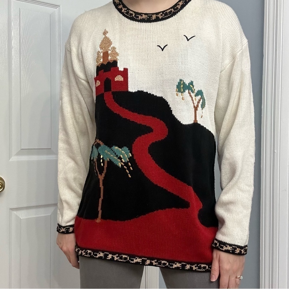 Vintage Sweater Knit Castle Graphic 80s Casual Funky Casual Medieval Size Medium